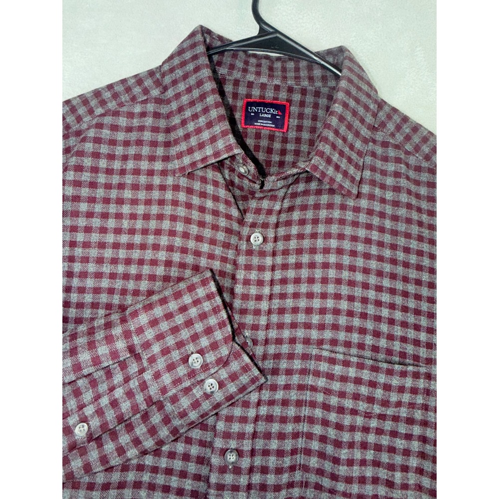 UNTUCKit Charosa Mens Large Burgundy Grey Gingham Flannel Shirt 40335 Regular